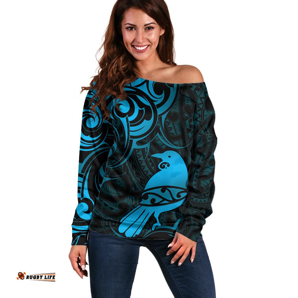 New Zealand Tui Bird Off Shoulder Sweater Aotearoa Maori Pattern Blue