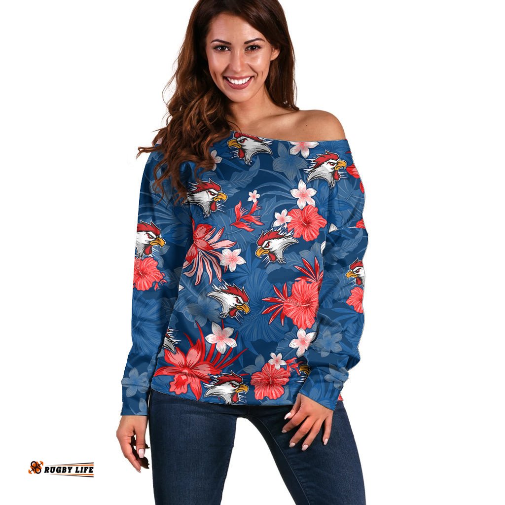 Roosters Rugby Off Shoulder Sweater Beautiful Floral Pattern Spring Summer Vibe