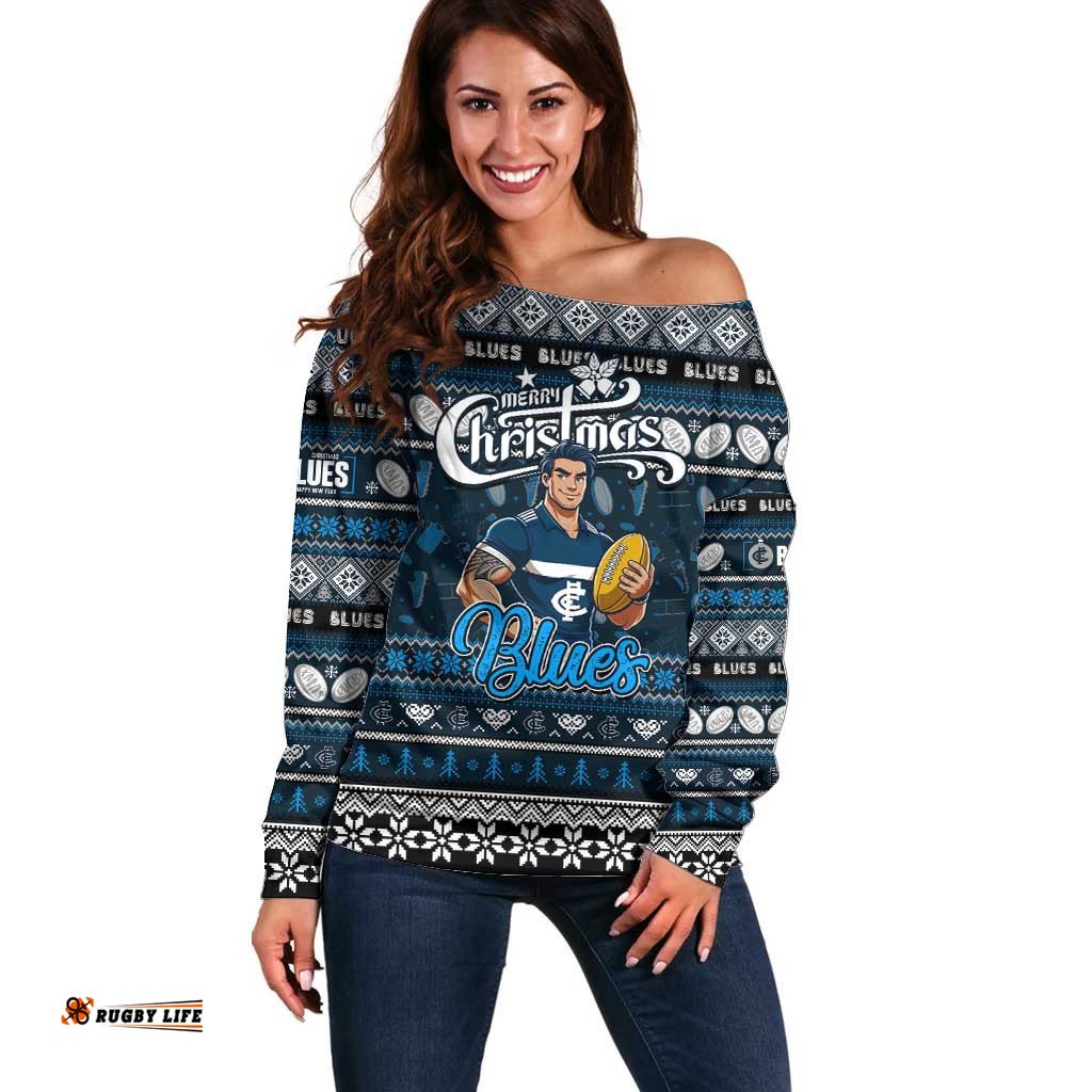 Personalized Blues Football Xmas Off Shoulder Sweater Australia AFL Mascot