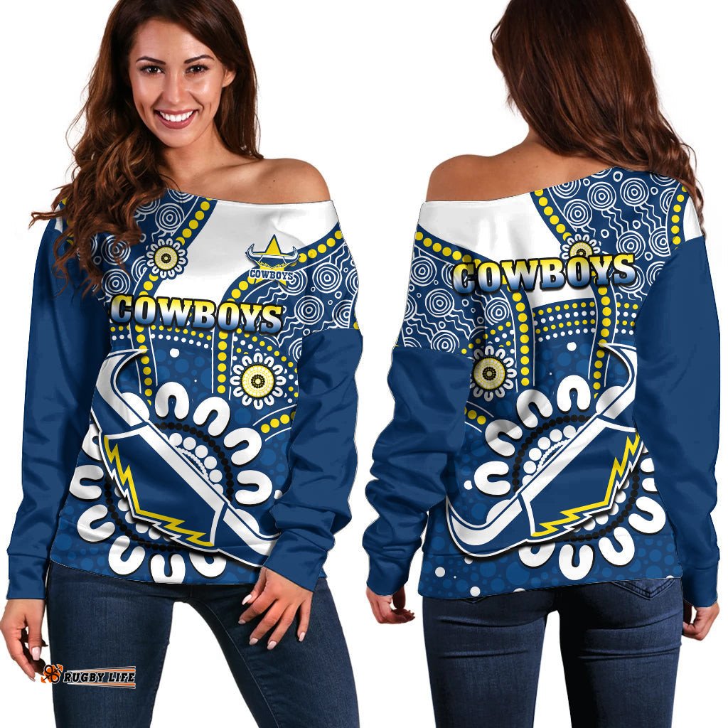 Cowboys Rugby Off Shoulder Sweater Indigenous Art