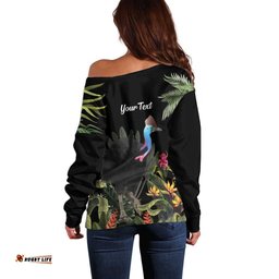 Personalised Australia Cassowary Off Shoulder Sweater Dinosaur Bird Rainforest Vibes
