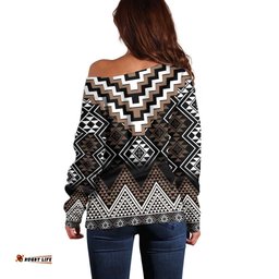 Brown Taniko Aotearoa Off Shoulder Sweater Niho Taniwha Mix Poutama