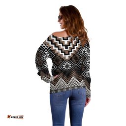 Brown Taniko Aotearoa Off Shoulder Sweater Niho Taniwha Mix Poutama