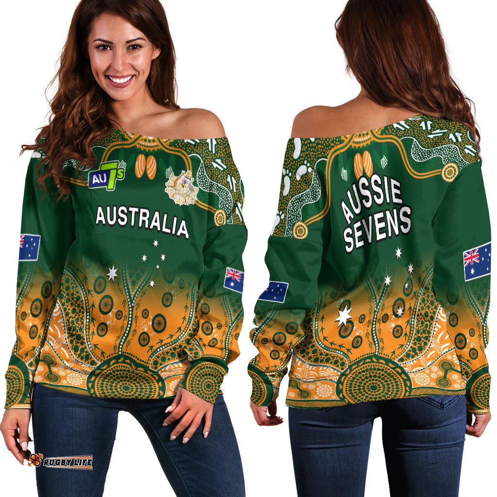 Australia Rugby Off Shoulder Sweater Aussie Sevens Green Indigenous