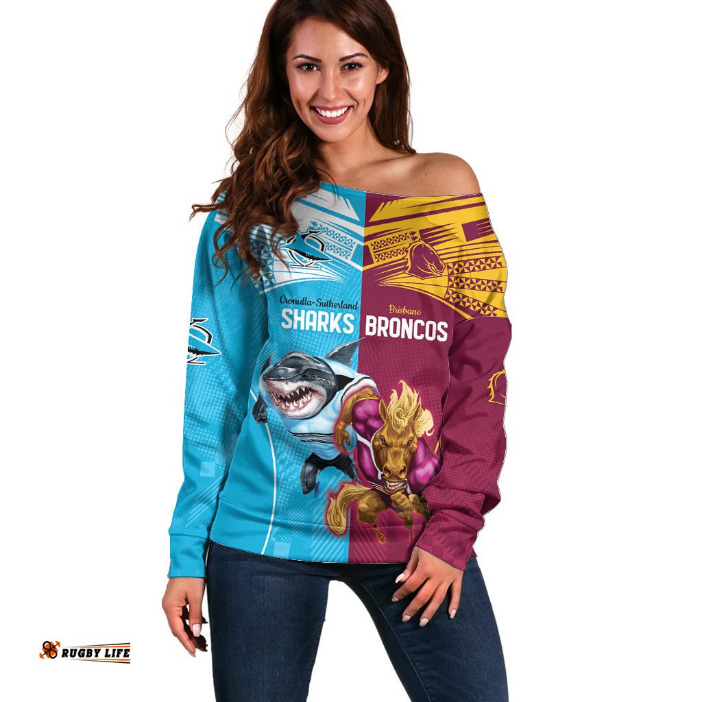 Custom Broncos and Sharks Off Shoulder Sweater Sporty Style