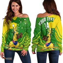 Custom Text And Number Australia Off Shoulder Sweater Boxing Kangaroo Indigenous National Color Art