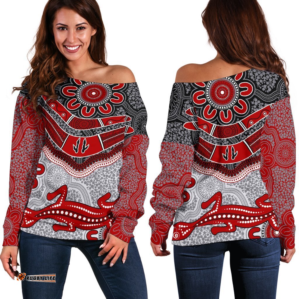 Aboriginal Women's Off Shoulder Sweater Indigenous Boomerang and Lizard Art