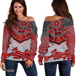 Aboriginal Women's Off Shoulder Sweater Indigenous Boomerang and Lizard Art