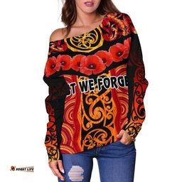 Anzac Lest We Forget Poppy Women Off Shoulder Sweater New Zealand Maori Silver Fern Australia Aboriginal