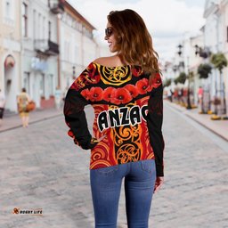 Anzac Lest We Forget Poppy Women Off Shoulder Sweater New Zealand Maori Silver Fern Australia Aboriginal