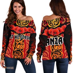 Anzac Lest We Forget Poppy Women Off Shoulder Sweater New Zealand Maori Silver Fern Australia Aboriginal