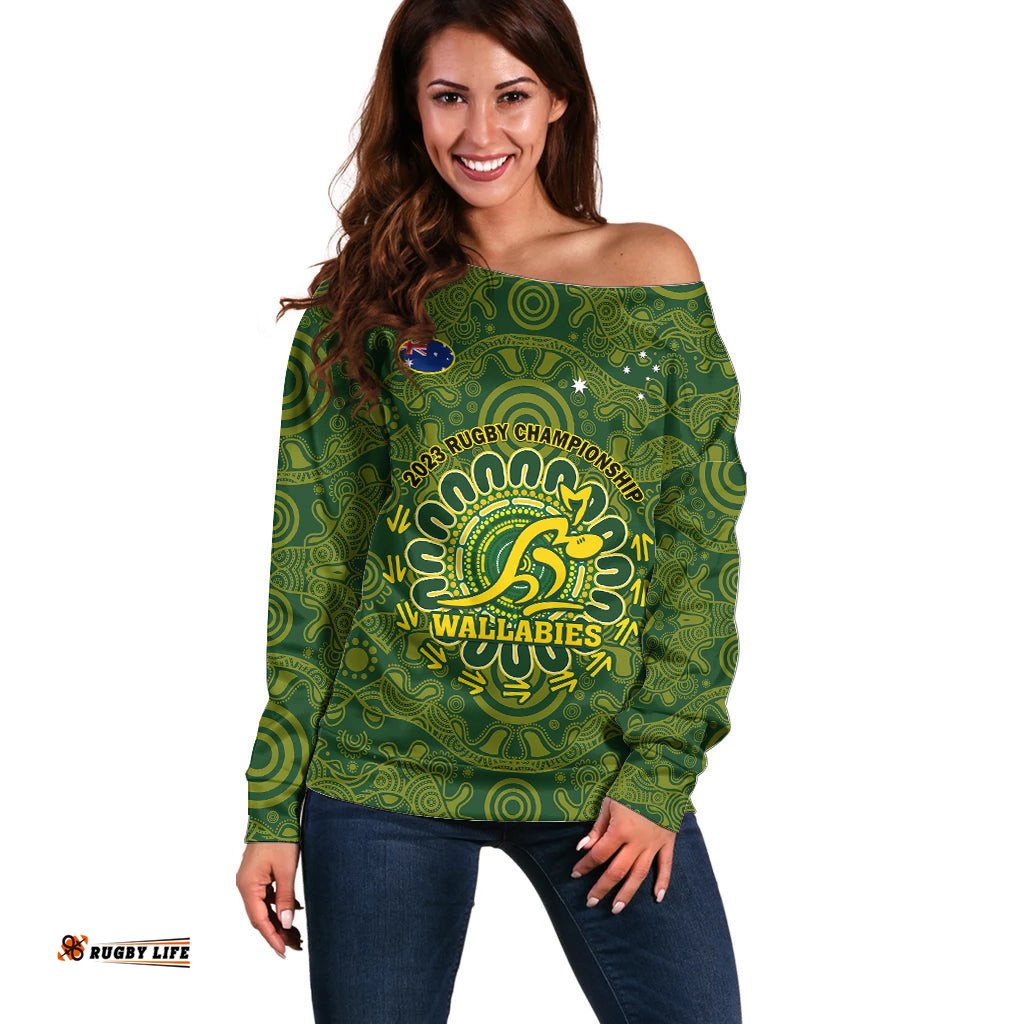 Personalised Australia Rugby Off Shoulder Sweater Wallabies Go Champions Indigenous Art