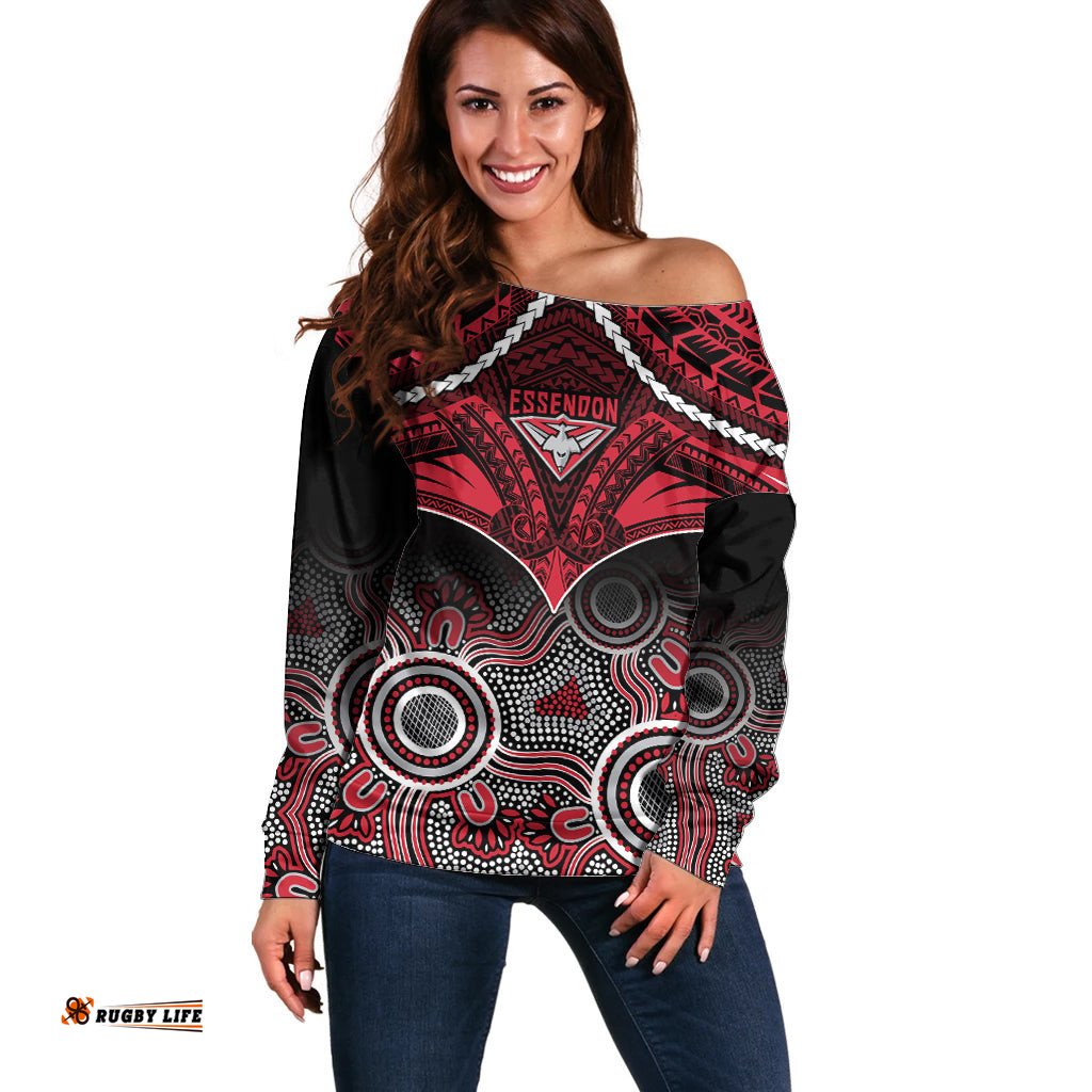Personalised Essendon Football Off Shoulder Sweater Bombers Aboriginal Mix Polynesian Pattern