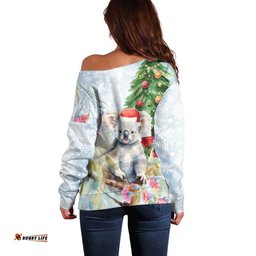 Australia Christmas Off Shoulder Sweater Koala Santa With Eucalyptus Watercolor