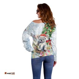 Australia Christmas Off Shoulder Sweater Koala Santa With Eucalyptus Watercolor
