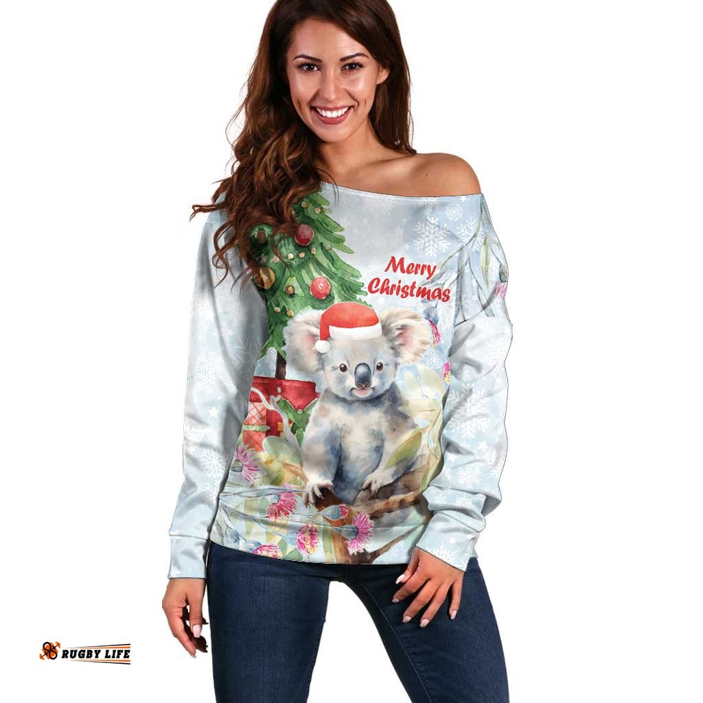 Australia Christmas Off Shoulder Sweater Koala Santa With Eucalyptus Watercolor