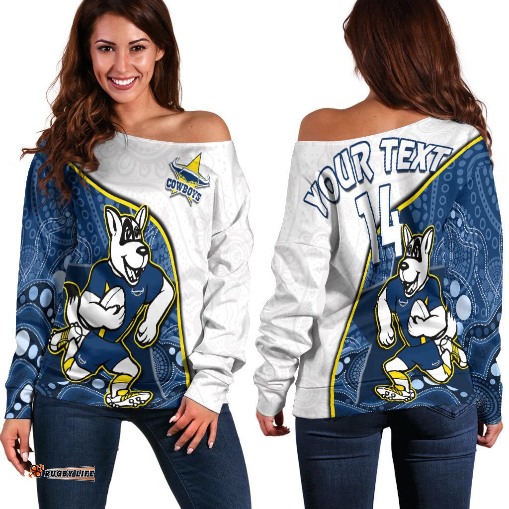 Custom Personalised Cowboys Rugby Off Shoulder Sweater Macost Indigenous Pattern Premiers