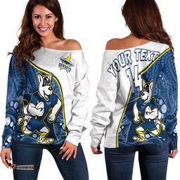 Custom Personalised Cowboys Rugby Off Shoulder Sweater Macost Indigenous Pattern Premiers