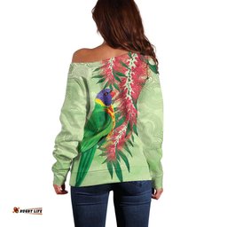 Australia Bottlebrush And Lorikeets Off Shoulder Sweater Aboriginal Art Watercolor Style