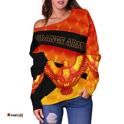 Orange Army Women's Off Shoulder Sweater Cricket Sporty Style 01