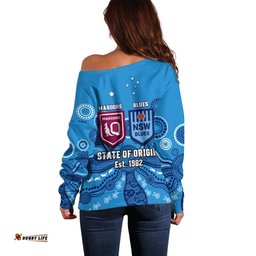 QLD Maroons and NSW Blues Rugby Off Shoulder Sweater State of Origin Indigenous Blue