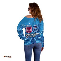 QLD Maroons and NSW Blues Rugby Off Shoulder Sweater State of Origin Indigenous Blue