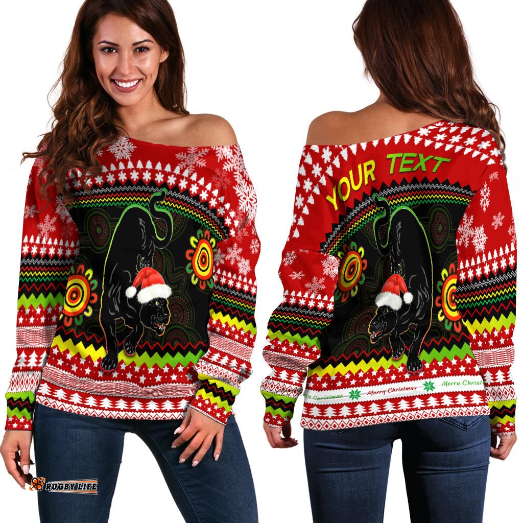 Custom Personalised Panthers Christmas Off Shoulder Sweater Penrith Snow mix Indigenous