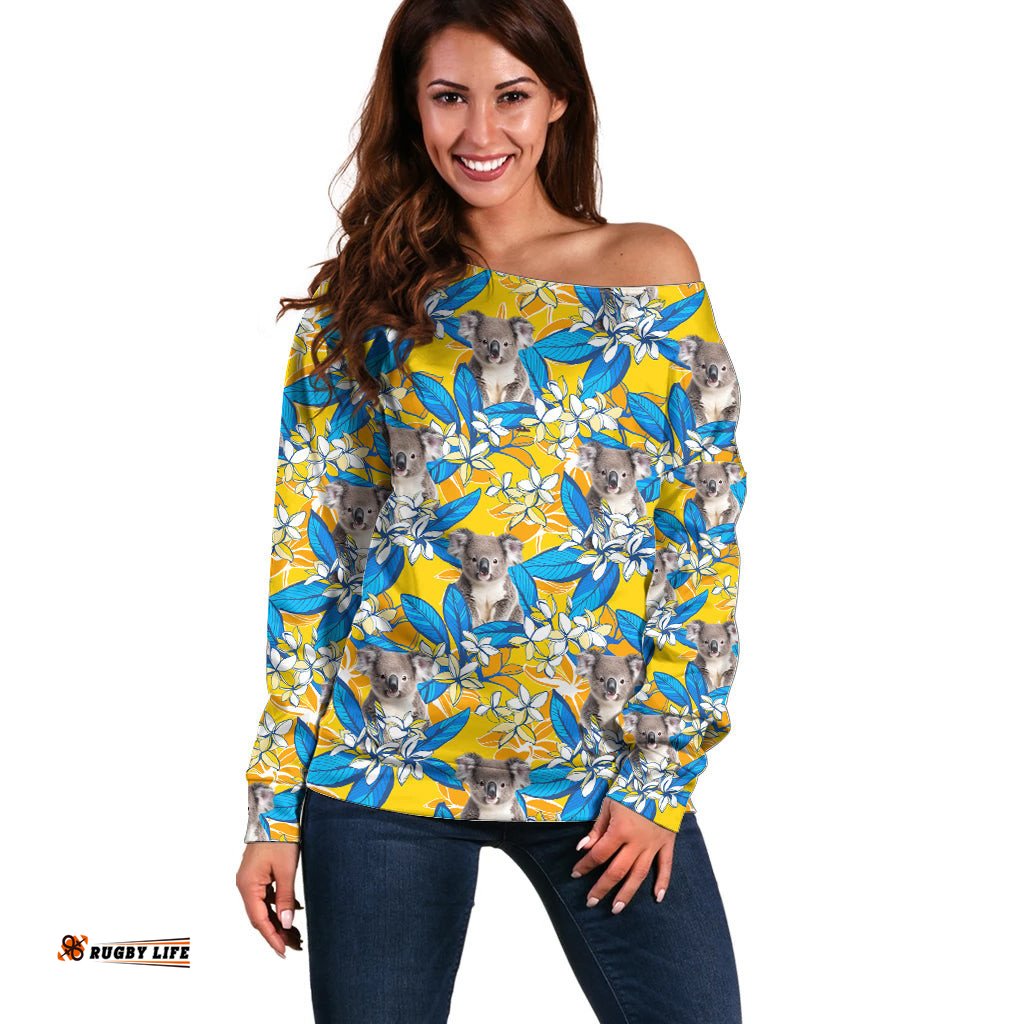 Koala Off Shoulder Sweater Plumeria Flowers