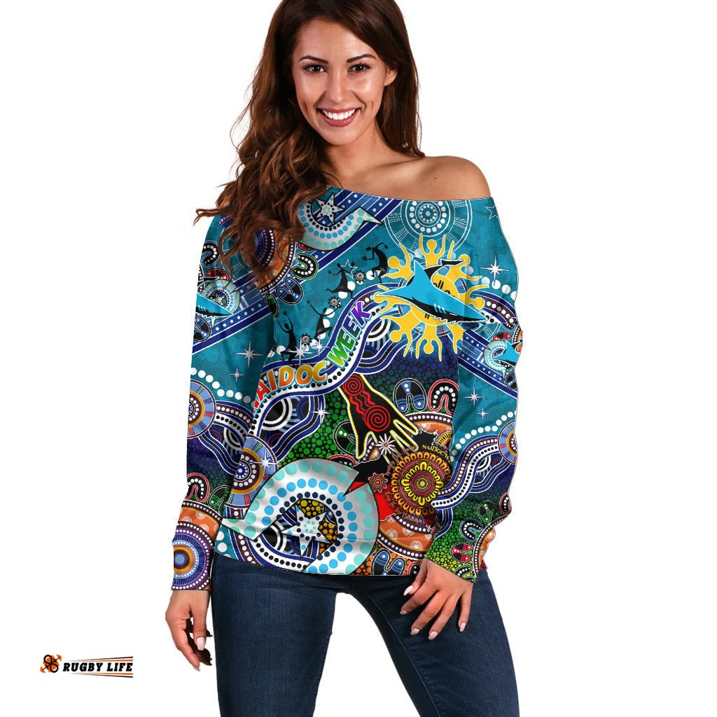 Personalised Sharks NAIDOC Week 2024 Off Shoulder Sweater Australia Aboriginal Dot Painting