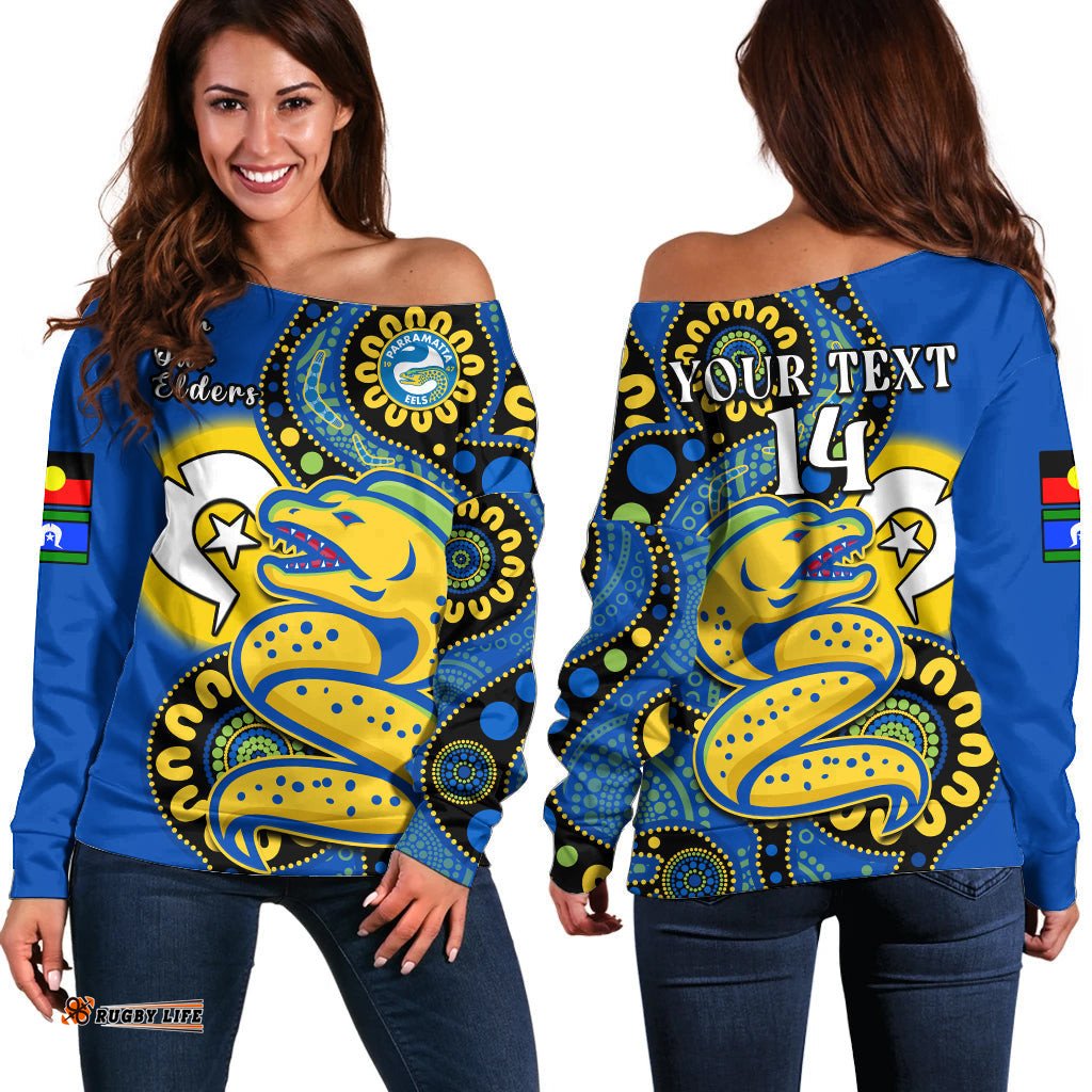 Custom Text And Number Eels Rugby NAIDOC Off Shoulder Sweater For Our Elders Aboriginal