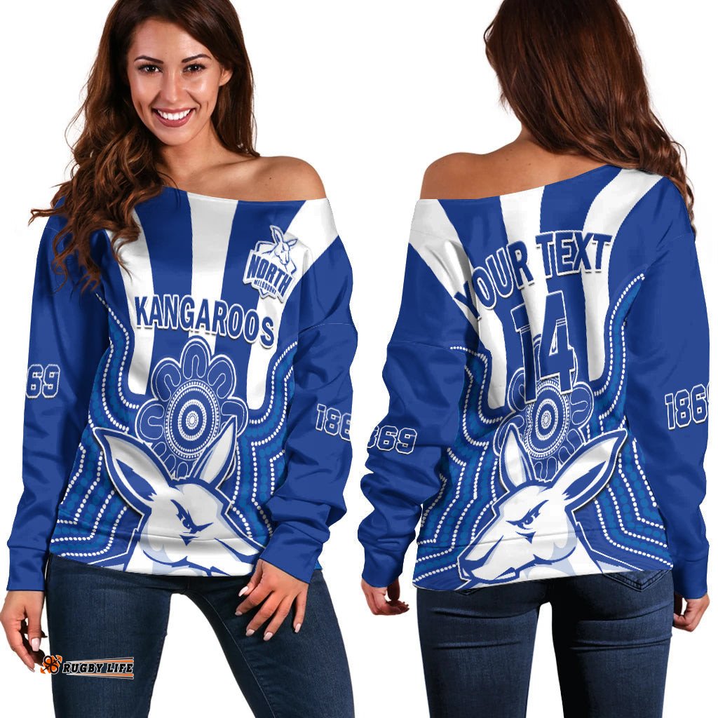 Custom Text And Number Melbourne Football Off Shoulder Sweater North Kangaroos 1869 Aboriginal Art
