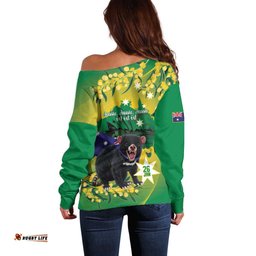 Tasimania Devil Australia Day Off Shoulder Sweater Aussie Aussie Aussie Oi! Oi! Oi! Green