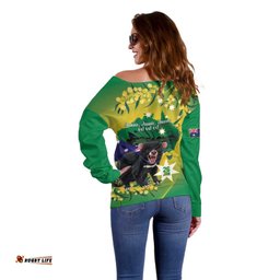Tasimania Devil Australia Day Off Shoulder Sweater Aussie Aussie Aussie Oi! Oi! Oi! Green