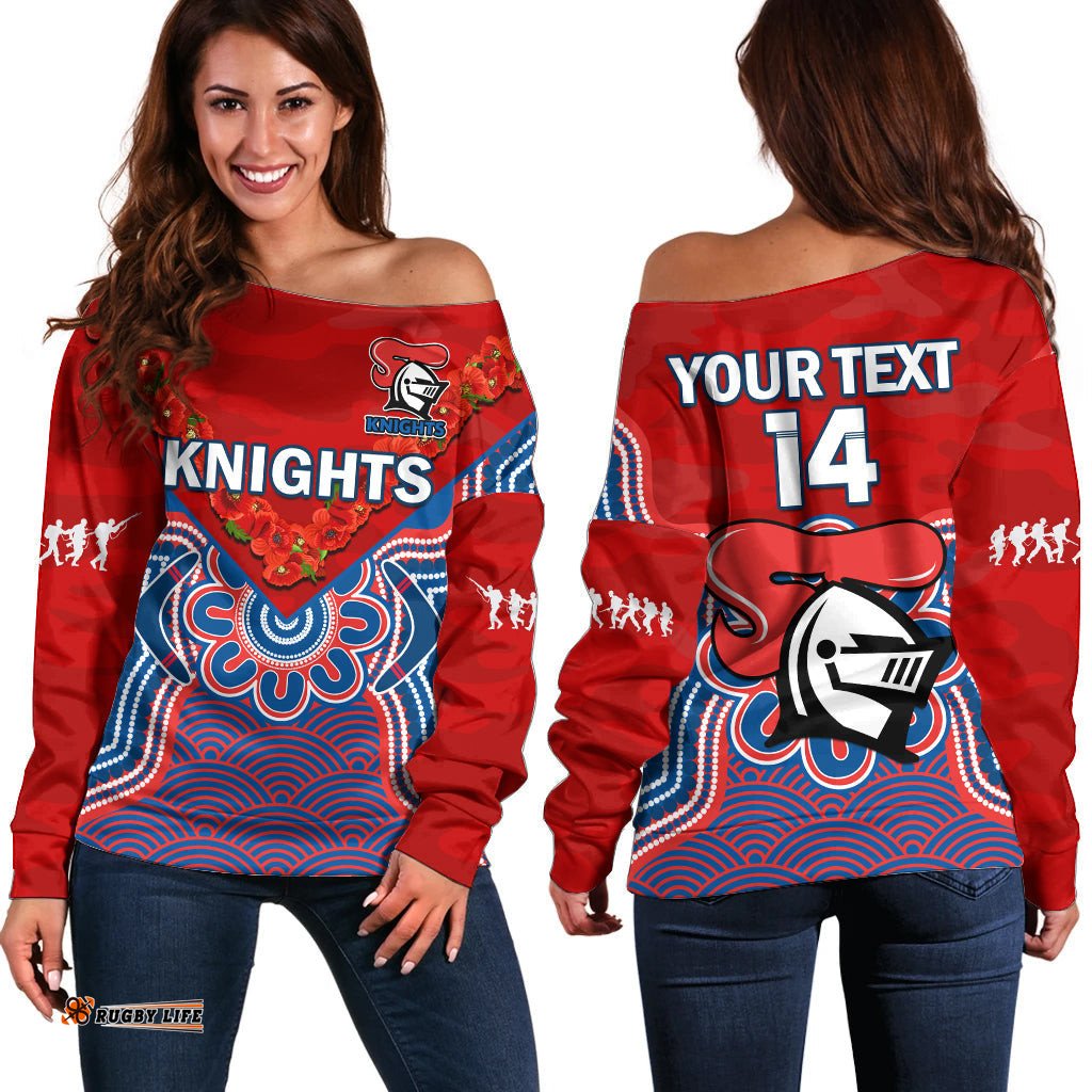Custom Text And Number Knights ANZAC Off Shoulder Sweater Camouflage Poppy Mix Aboriginal