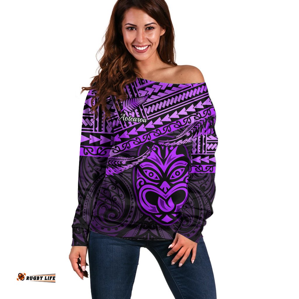 Personalised Matariki New Zealand Off Shoulder Sweater Maori New Year Tiki Purple Version