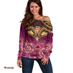Personalised Brisbane Football Off Shoulder Sweater Go Lions Aboriginal Mix Polynesian Pattern