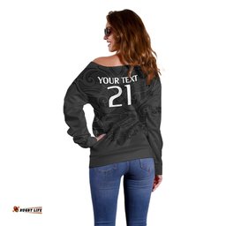 Custom Text And Number New Zealand Rugby Off Shoulder Sweater All Black Fern with Maori Tribal Pattern