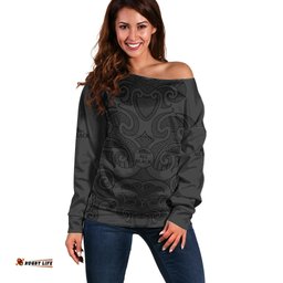 Custom Text And Number New Zealand Rugby Off Shoulder Sweater All Black Fern with Maori Tribal Pattern