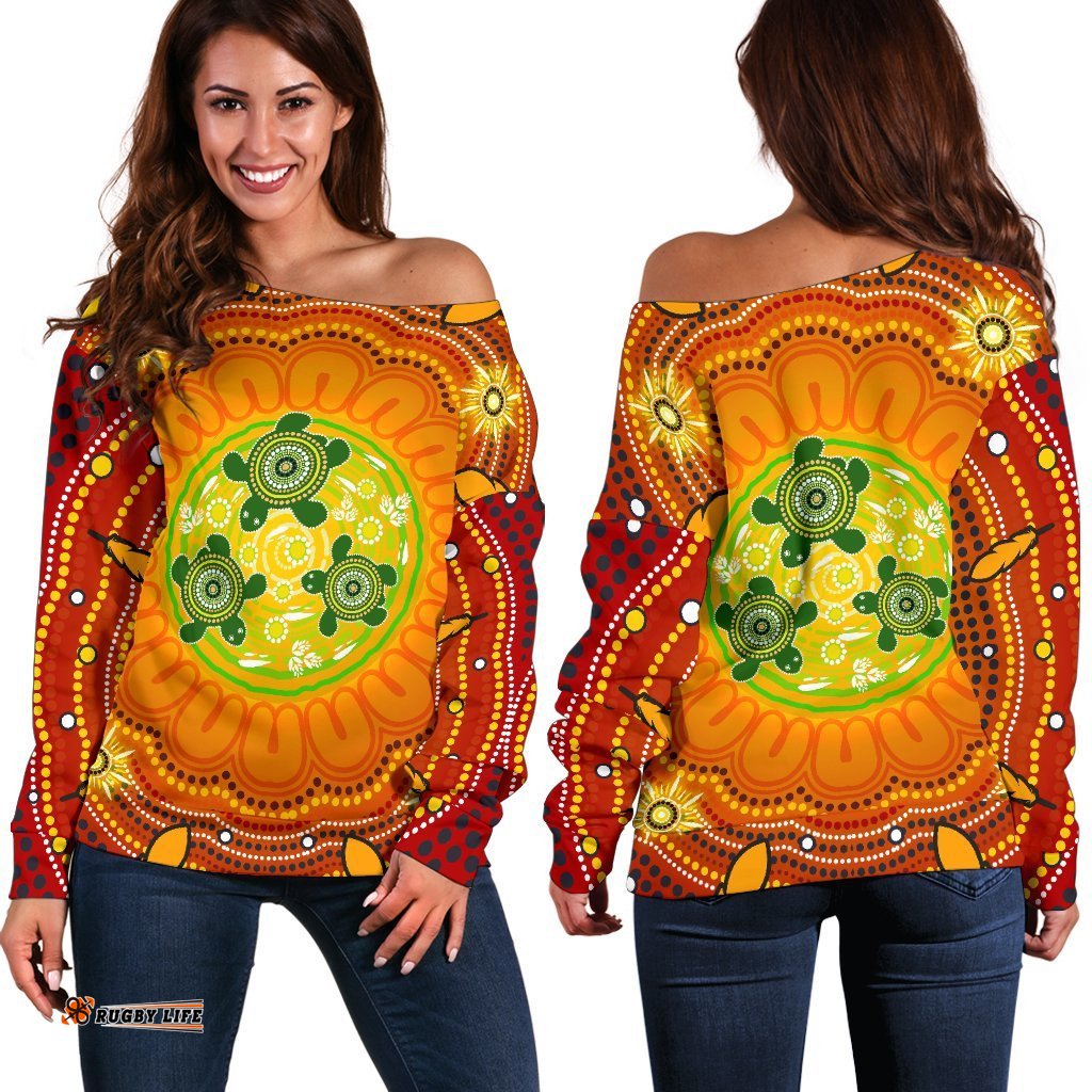 Aboriginal Women's Off Shoulder Sweater , Turtle Circle Dot Painting Art