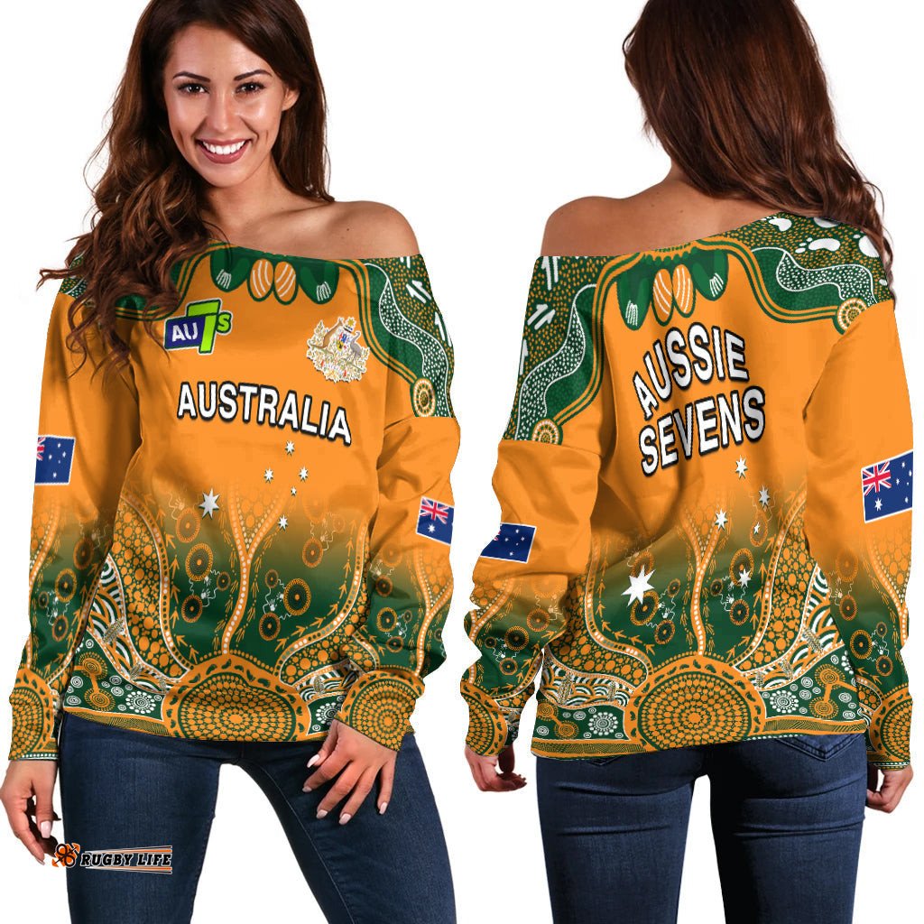 Australia Rugby Off Shoulder Sweater Aussie Sevens Original Indigenous