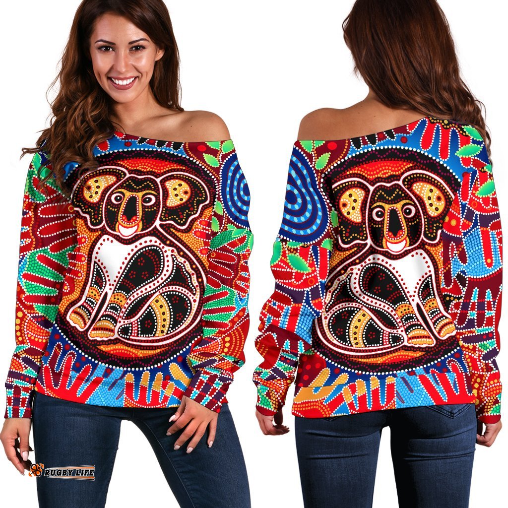 Aboriginal Off Shoulder Sweater, Koala and Hand Art Dot Painting Sweater
