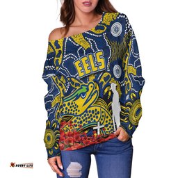 Eels Off Shoulder Sweater Anzac Day Poppy Flowers With Aboriginal