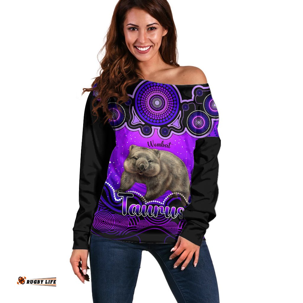 Personalised Australia Taurus Wombat Zodiac Off Shoulder Sweater Auz Astrology Aboriginal Purple