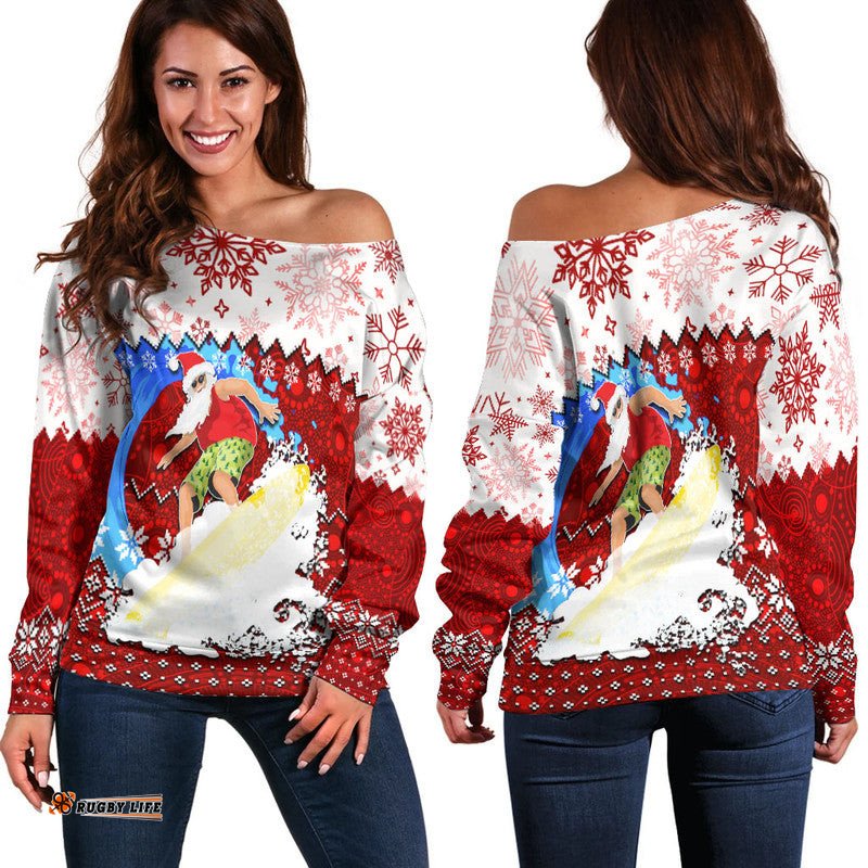 Aboriginal Christmas Santa Claus Surfing Off Shoulder Sweater Red Style