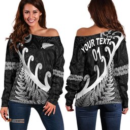 Custom Personalised New Zealand Rugby Maori Women Off Shoulder Sweater Silver Fern Koru Vibes Black