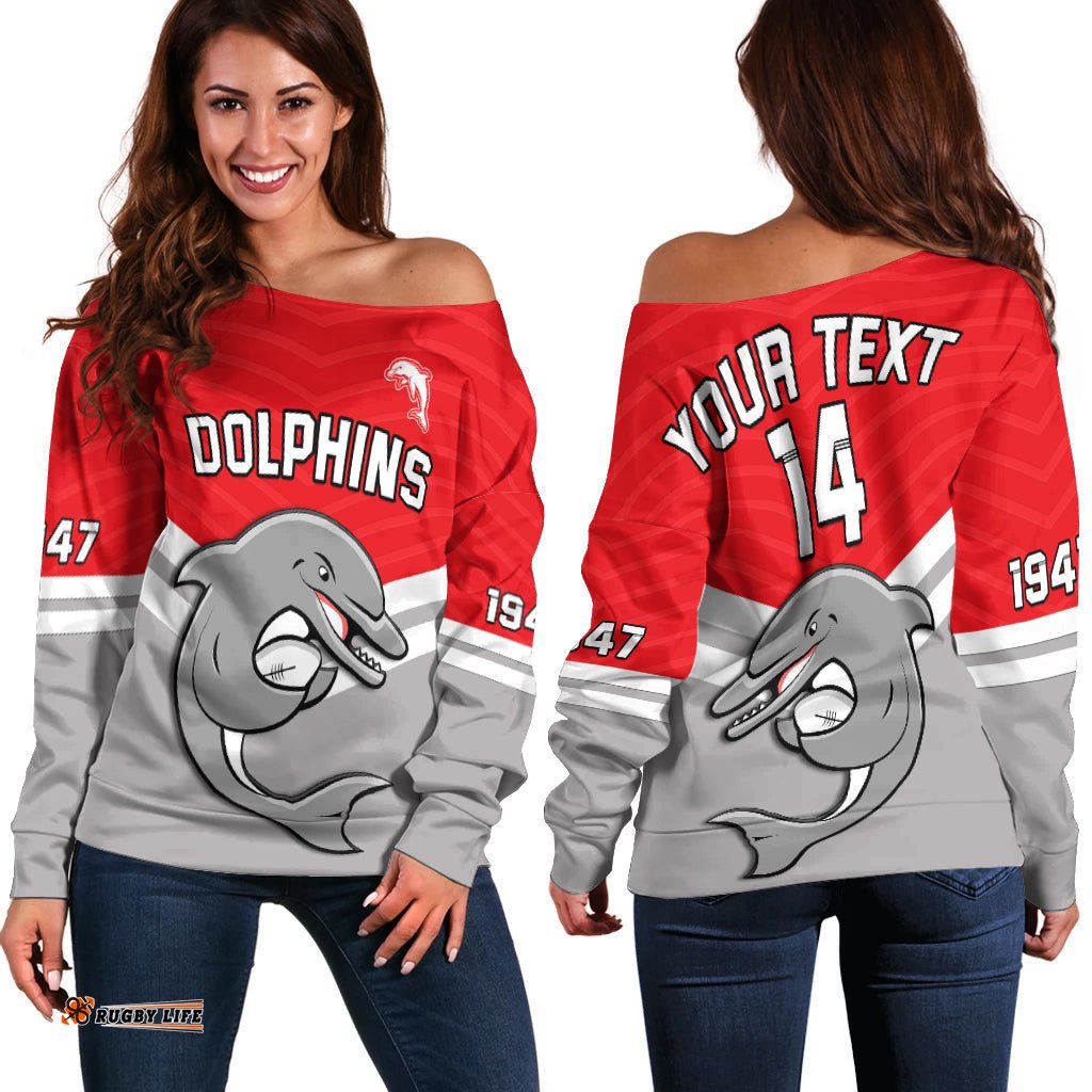 Custom Text And Number Dolphins Rugby Off Shoulder Sweater Sporty Style Ver.02