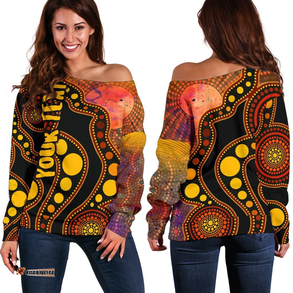 Custom Text Aboriginal Women's Off Shoulder Sweater Australia Indigenous Flag Circle Dot Painting Art Golden