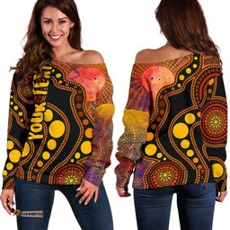 Custom Text Aboriginal Women's Off Shoulder Sweater Australia Indigenous Flag Circle Dot Painting Art Golden