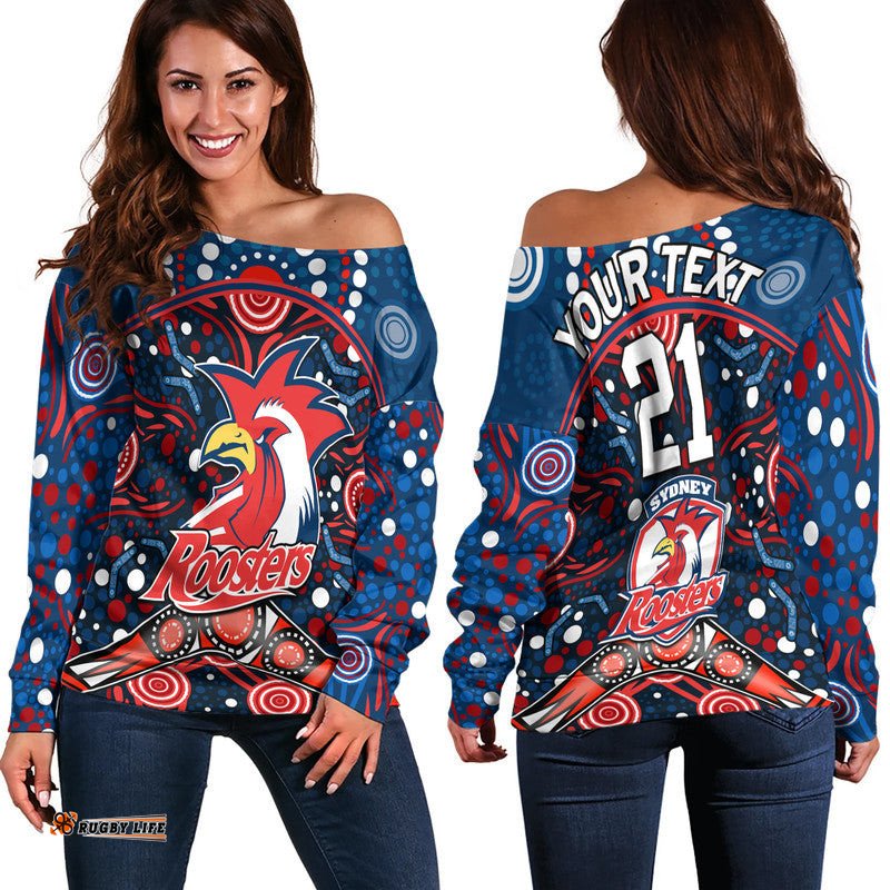 Custom Personalised Roosters Rugby Women Off Shoulder Sweater Boomerang Indigenous Dots