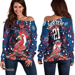 Custom Personalised Roosters Rugby Women Off Shoulder Sweater Boomerang Indigenous Dots